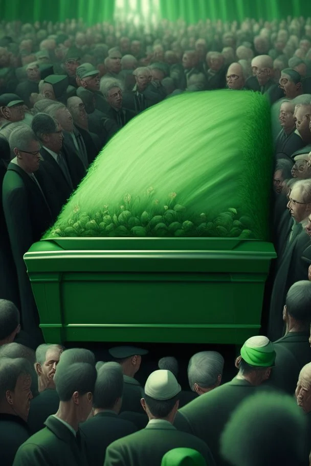 A funeral with a lot of people, with a green casket, high-quality detail,