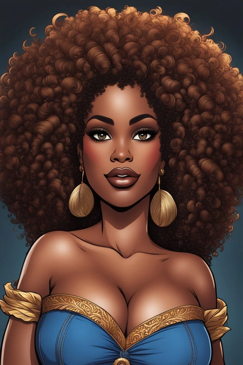 create a comic book art illustration of a plus size dark skinned black female wearing Tight blue jeans and a hazel brown off the shoulder blouse. Prominent make up with long lashes and hazel eyes. She is wearing brown feather earrings. Highly detailed full black tight curl afro