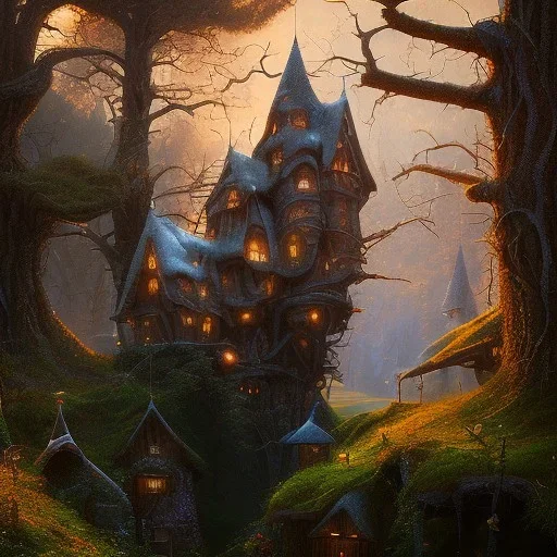 valley, fairytale treehouse village covered,, matte painting, highly detailed, dynamic lighting, cinematic, realism, realistic, photo real, sunset,detailed, high contrast, denoised, centered, michael whelan