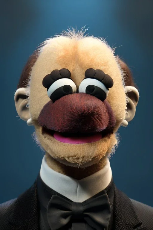 Waist up muppet Portrait, Vladimir Putin as muppet doll, Black suit, photo studio, blue background, unreal engine 5, concept art, art station, god lights, ray tracing, RTX, lumen lighting, ultra detail, volumetric lighting, 3d.