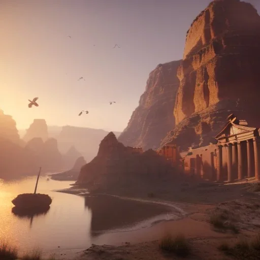 Petra, Ürdün, sunset, fantasy art, flying birds, springs, landscape, beautiful, realistic, hyper detailed, unreal engine 5, octane render