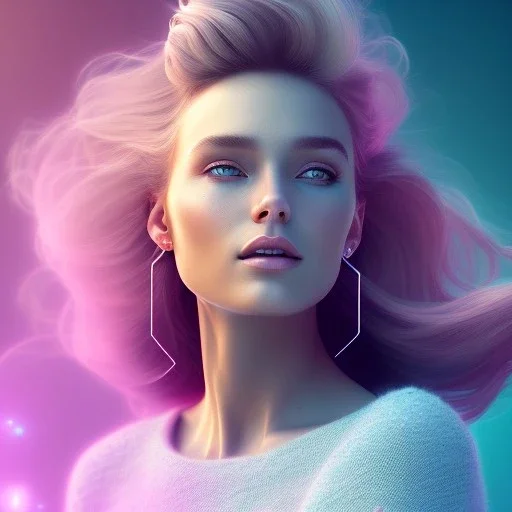 A portrait very beautiful woman ,smiling, longs hairs,elegant, atmospheric, realistic, cinematic lighting, pink blue light, 8k, galactic atmosphere, flowers