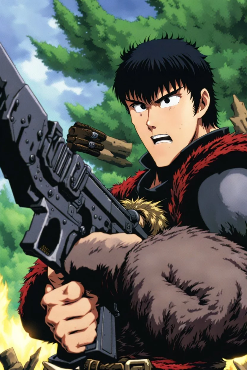 Guts from Berserk holds a revolver gun to his head.