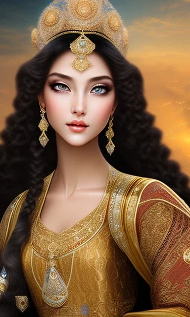 An Arab princess from the Mamluk era, beautiful, heavy hair, long hair, curly hair