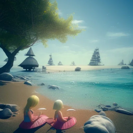 Little girl day, sunny, relaxing, sea, trees, real details anime style, realistic, glowing beach, 8k, octane render