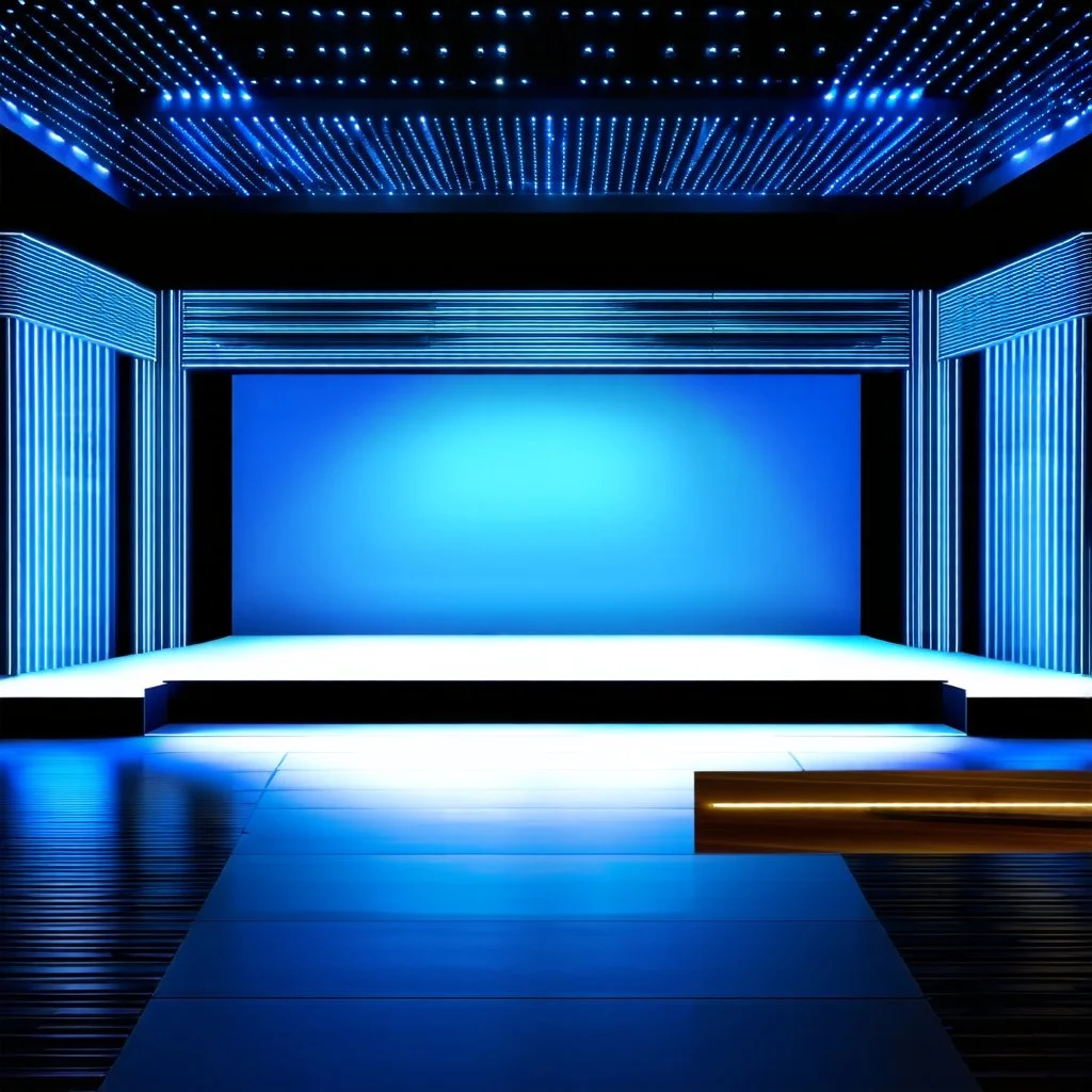 beautiful dance stage with no dancers in luxury modern hall dynamic lights, modern furniture light blue & gray theme