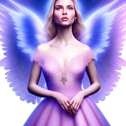 portrait of a beautiful woman with an angel face, pink and blue dress, jewels, soft light aura