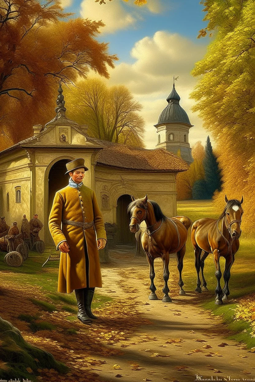 Fascinating, ultra-realistic nature in the photo. Golden autumn. A 32-year-old man in 19th-century Russian clothes walks towards the horses with his head raised to the sky, a smile on his face. In the background, the Russian estate of a 19th-century nobleman and three horses stand at the outhouse.