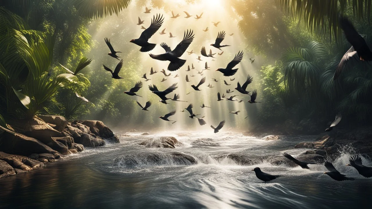 Hyper Realistic photographic-view of Lots-of-Koel-Birds Flying above a river water flowing inside a jungle with sunlight-rays showing dramatic & cinematic ambiance