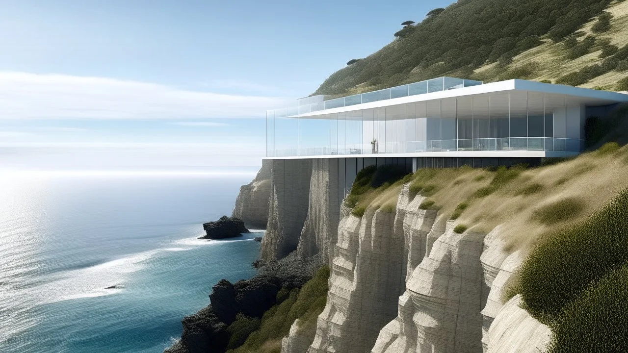 White architecture and large glazed surfaces lead to bright open spaces, a fluid connection between interior and exterior, located on a cliff.