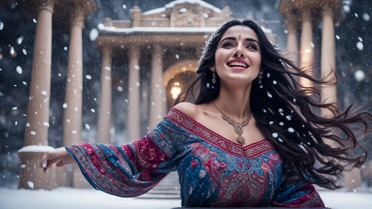 Hyper Realistic Photographic Low-Angle View Of A Beautiful Young Pashto Woman With Beautiful Eyes Lips & Nose (Wearing Beautiful Frock with Mandala Designs on it) (Her Beautiful Long Black Hair Whirling In Air) Happily Smiling & Dancing Alone Outside A Palace Under Heavy Snowfall Night Showing Dramatic & Cinematic Ambiance.