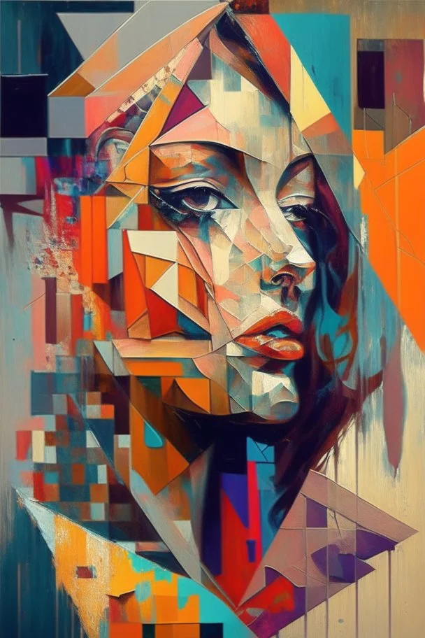 /imagine prompt:woman, cubist painting, oil in canvas, splash, rust, geometric shapes, colorful