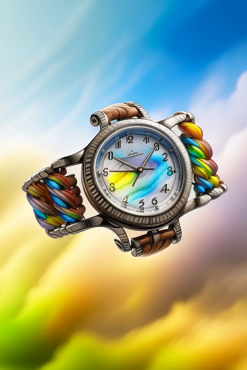 An artistic depiction of a vintage wristwatch, its band made of intertwining, ethereal rainbows, set against a backdrop of a cloudy, dreamy sky.