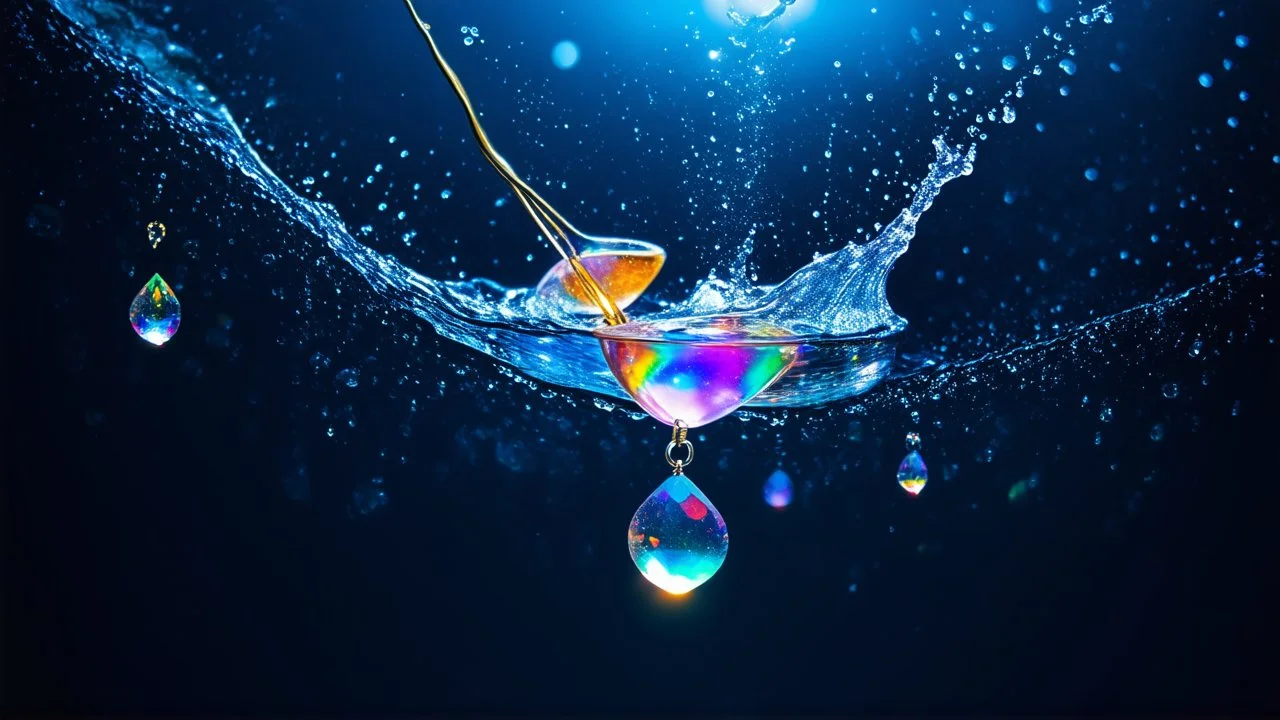 כלים הרמוניים קוסמיים עדינים, מוארים, צפים בחשכת הלילה, חסרי משקל, זוהרים, ססגוניים, עשויים זכוכית, תכשיטים וקריסטלים, פיות אתרי, גחליליות, תמונה מורכבת, צבעי פסטל מפורטים, עדינים, טיפות מים מתיזות, דגשים, chiaroscuro, 16K, פוקוס חד, צילום עטור פרסים, מרתק, מדהים, רוחני, ספירלת זהב, הרמוניה, קונטרפונקט