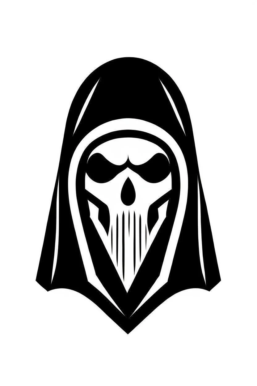 Extremely simple, fun and monochrome logo representing the face only of the grim reaper. Black on white background