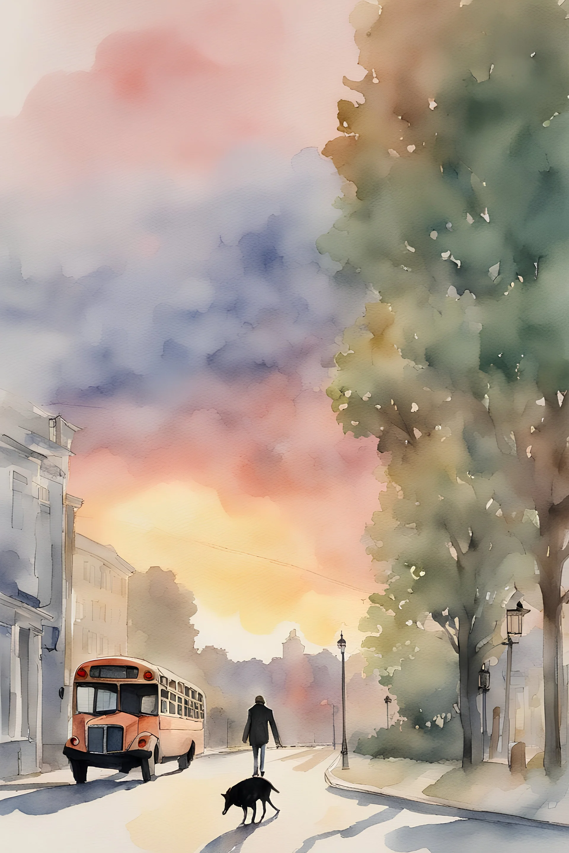 Watercolor, sunset, bus, street, a thin man getting off the bus with a bag in his hand, many trees on the side of the street