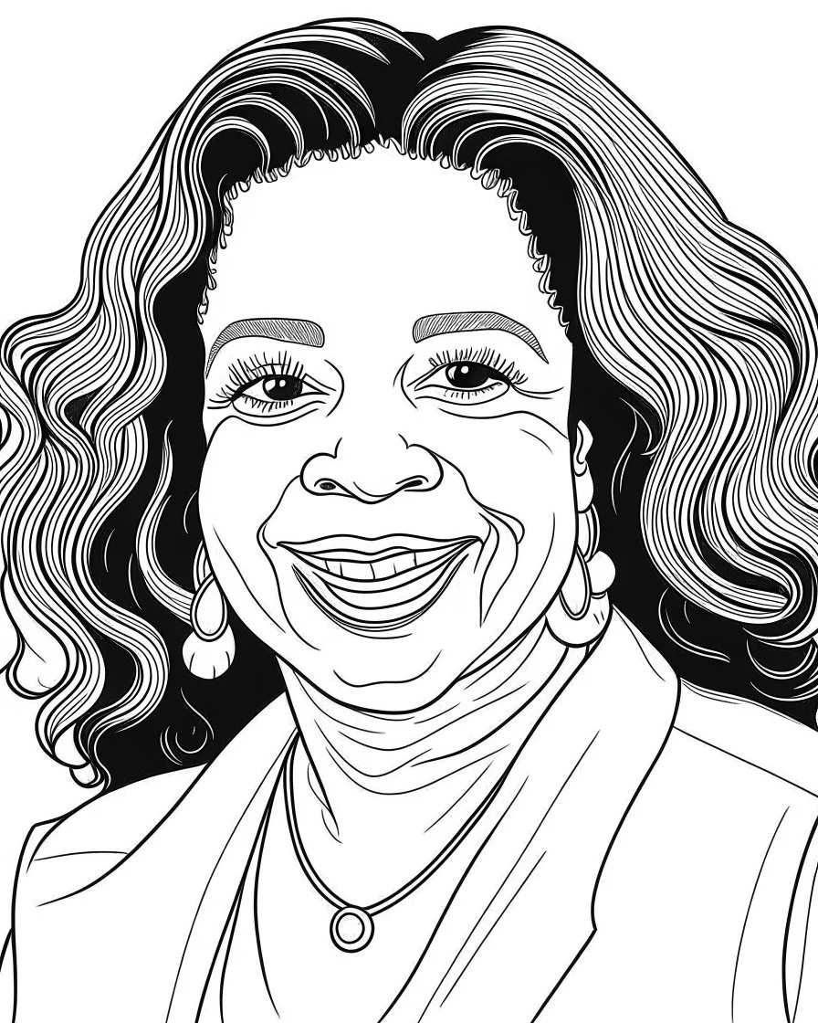 illustrate image of Oprah Winfrey, simple line art, white background, no hair color, high quality, no gradient, , no fill, no solids, coloring book for kids