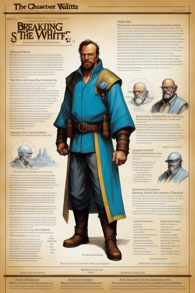 character concept sheet with AD&D statistics and characteristics, [illustration by Jeff Easley] Breaking Bad, the the character of Walter White as a playable class of cleric in the style of Evil Dead