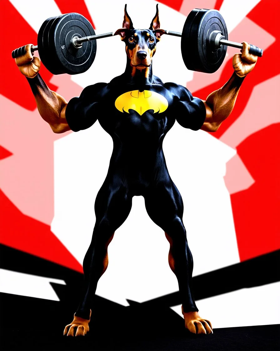 Muscular and powerful Doberman superhero, weightlifter type, with a serious and confident expression. He wears the suit inspired by Batman's. On the chest a (((stylized logo))) of a dog. Strike a heroic pose. Vibrant typography 3d rendering photo.