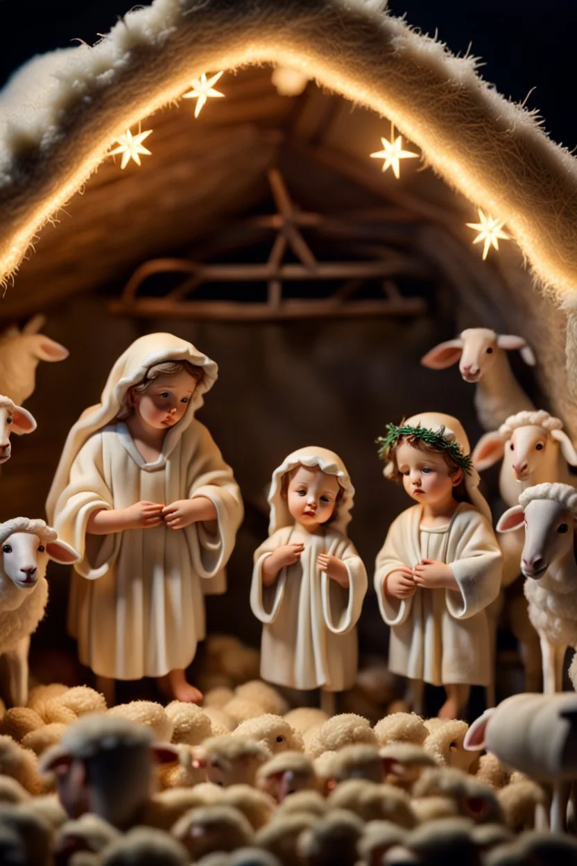 Christmas crèche. Baby Jesus in the sheep manger. Joseph and Mary are standing around and the shepherds bow their heads before them. High quality image in 8K