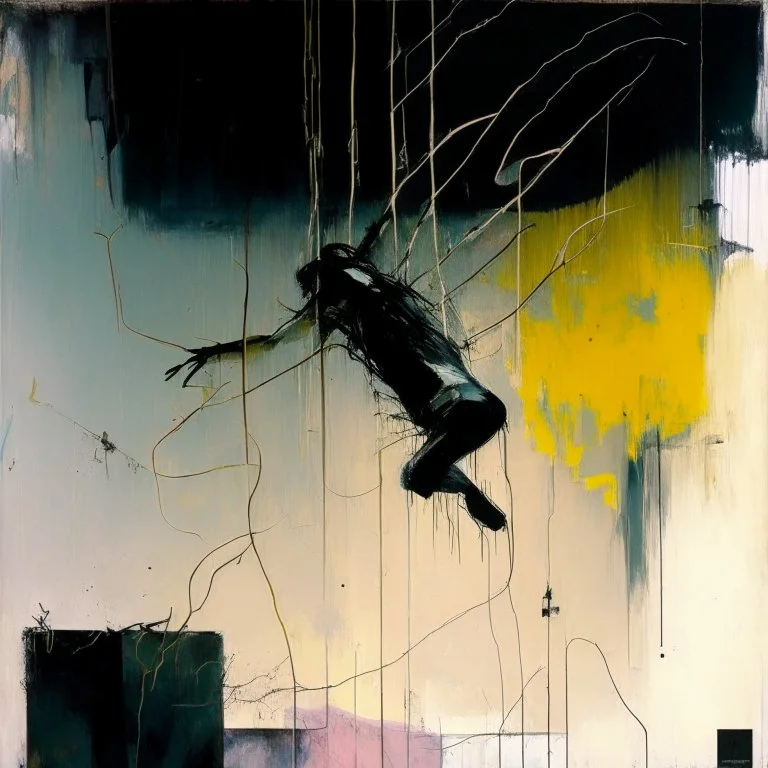 Minimal abstract oil painting of a falling person limbs sinew. Amongst concrete fragments brutalist architecture and hanging wires illuminated at night. In the style of Justin Mortimer and Phil Hale and Ashley Wood