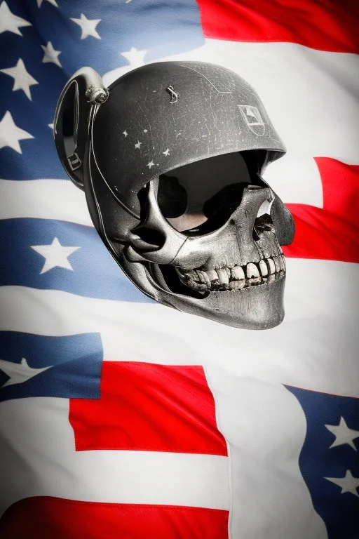 A close up of a skeleton face looking shocked, in an astronaut helmet and suit floating in space. inside the hollow eyes are red shining lights, scary. On his suit is an American flag and in his one hand is a small wavering American flag, on it is written "boned in the USA". From the back of his suit is blowing out blue, white and red smoke. Realistic, 8k, highly detailed, funny