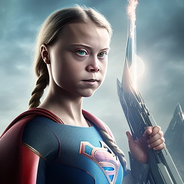  Greta Thunberg portrait in supergirl , sci-fi fantasy style, 8k, dark