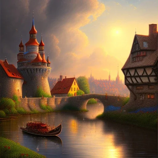 Drawing in oil of medieval city river, sunny, clouds, fantasy 8k