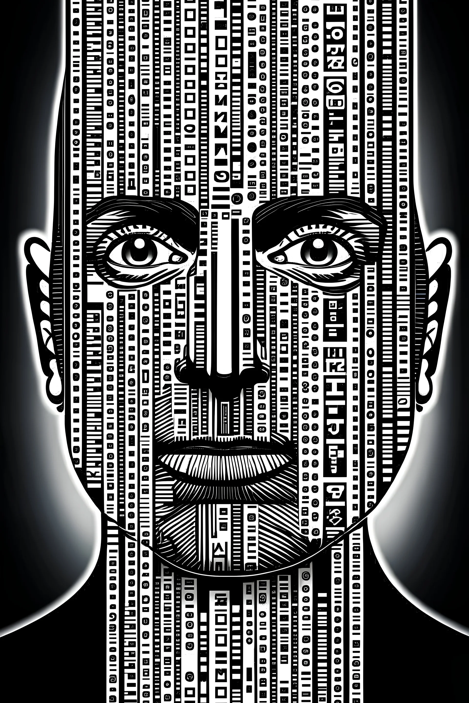 face with barcodes with a black tie , in plain grey background, photographyc style