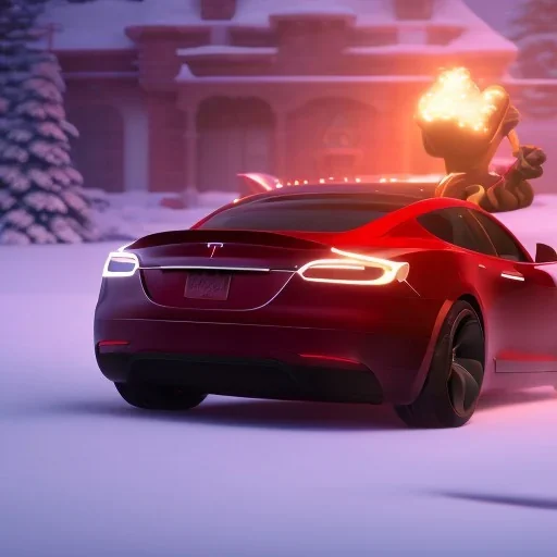 Santa claus driving his red Tesla convertible car, character design by cory loftis, fenghua zhong, ryohei hase, ismail inceoglu and ruan jia. unreal engine 5, artistic lighting, highly detailed, photorealistic, fantasy