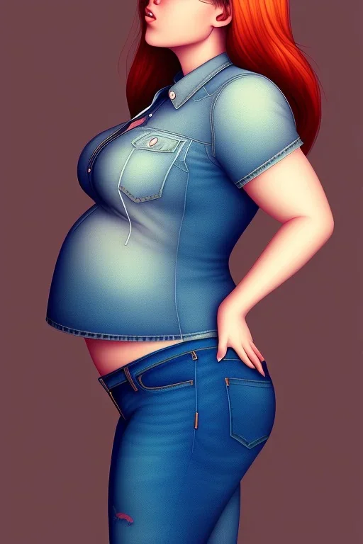 fat girl, jeans, crop top, fat belly, side view