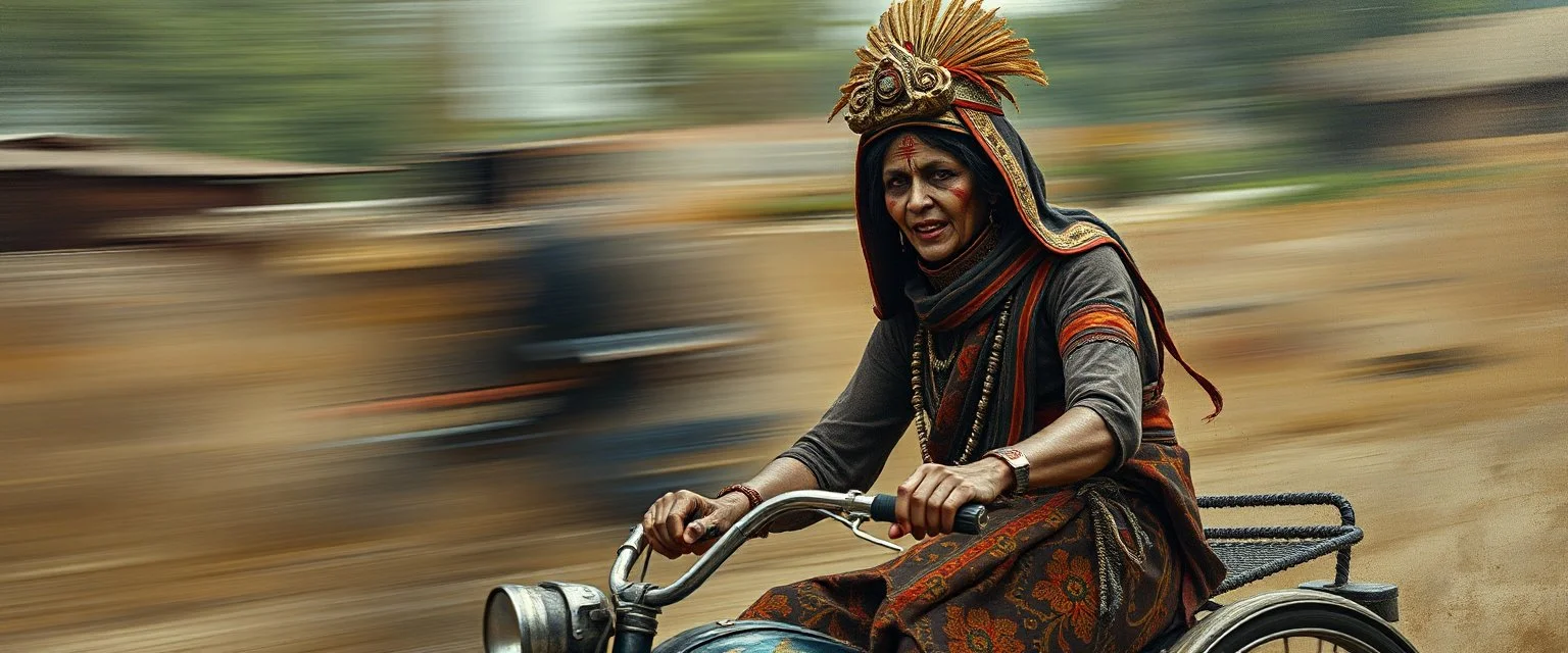 master oil painting by Rembrandt, scary ai sami woman on trike, motion blur background
