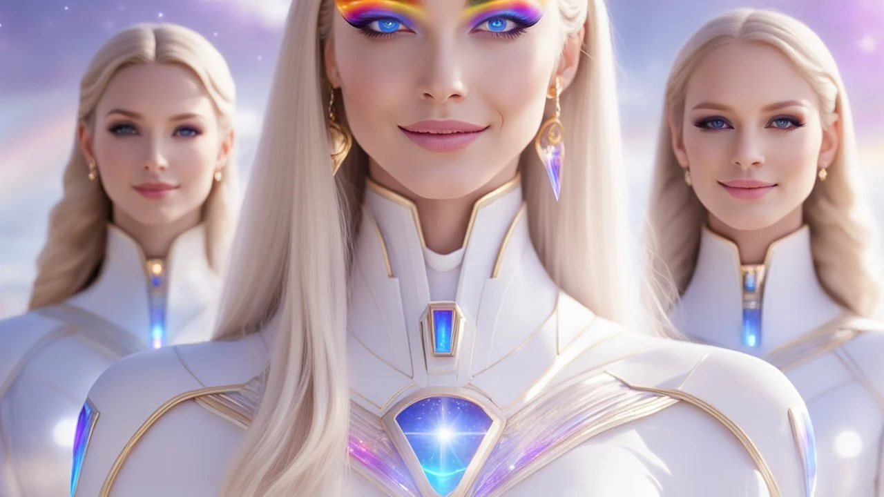 cosmic woman ,beautiful ufos rainbow, admiral from the future, galactic confédération, fine whole face, crystalline skin, expressive purple eyes,rainbow, smiling lips, very nice smile, costume pleiadian, Beautiful tall woman pleiadian Galactic commander, ship, perfect datailed golden galactic suit, high rank, long blond hair, hand whit five perfect detailed finger, amazing big puple eyes, mouth, high définition lips, cosmic happiness, bright colors
