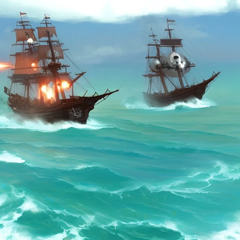 Two pirate ships fight each other at sea. Firing cannons. One ship is hit and burns after being hit.