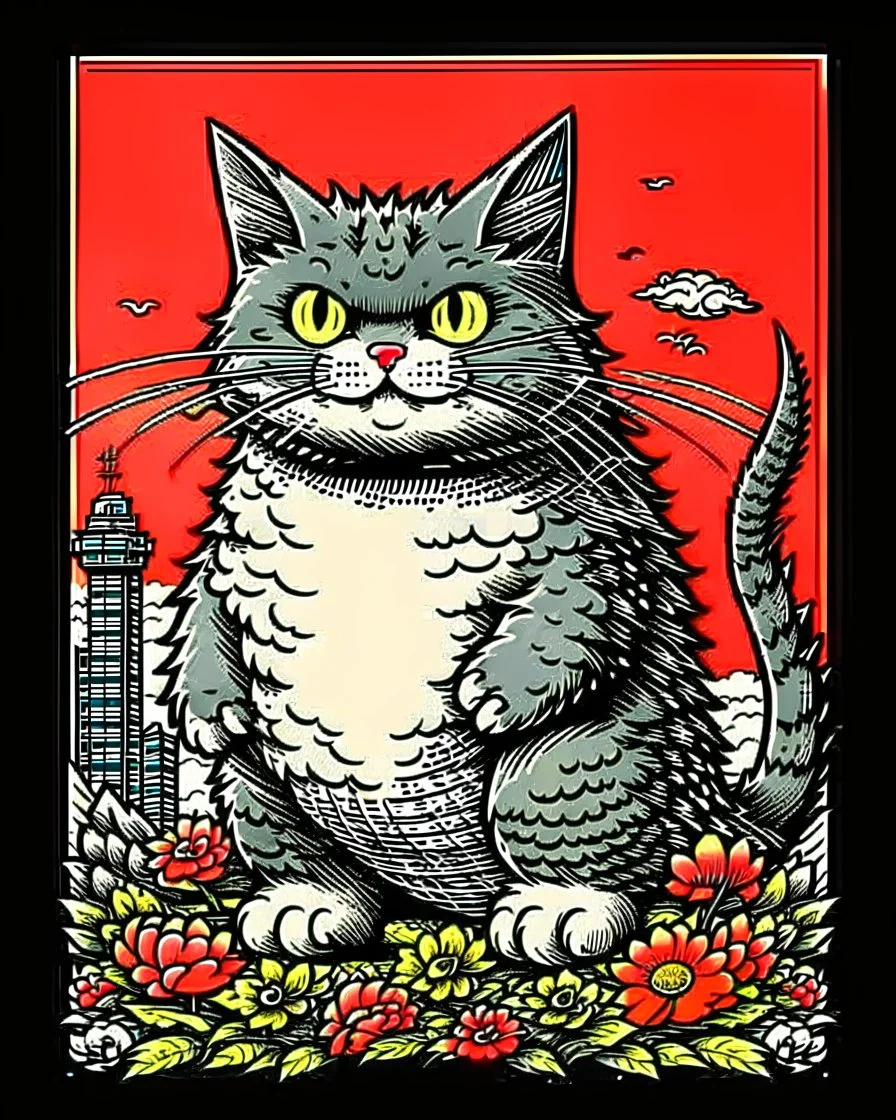 Catzilla cat Japanese Art funny cat gifts for women kid PNG,