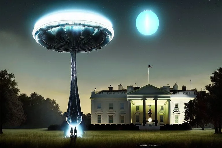 a alien craft that has landed on the white house lawn :: made of shiny obsidian glass :: reflective, glassy :: subtractive lighting, backlit :: by John William Waterhouse, Greg Rutkowski, HR Giger :: hyperrealistic, hyper detailed, photorealistic :: epic, incredible composition, amazing depth, meticulously composed, 16k resolution concept art :: fantasy magazine cover art