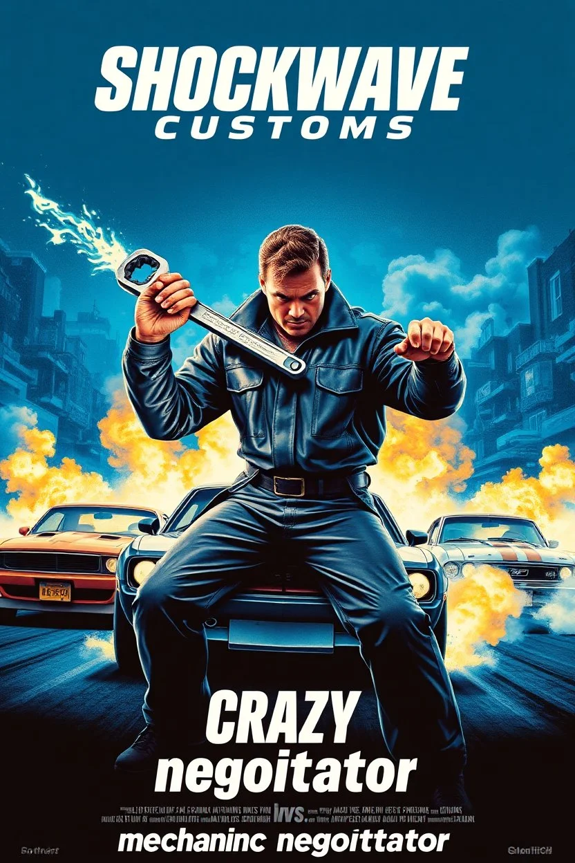 "Design a 90s-style romantic movie poster titled 'Shockwave Customs' with a blue theme and blue flames. Feature a super heroic mechanic in the foreground, fiercely battling thousands of adversaries with a spanner. In the background, show cars doing burnouts, creating a dynamic and intense scene. Capture the high-energy, gritty aesthetic of classic 90s romantic films. Prominently display the subtitle 'mmechanic negotiator' in bold, CRAZY impactful lettering."