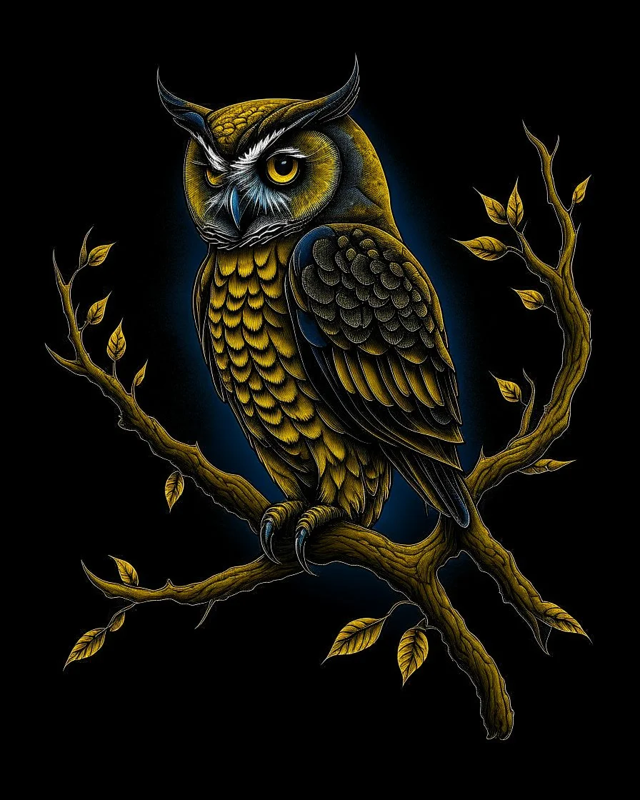 Night Owl perched on a tree branch tattoo design, traditional tattoo style, t-shirt design, fantasy art, digital painting, clean dark background, 8K