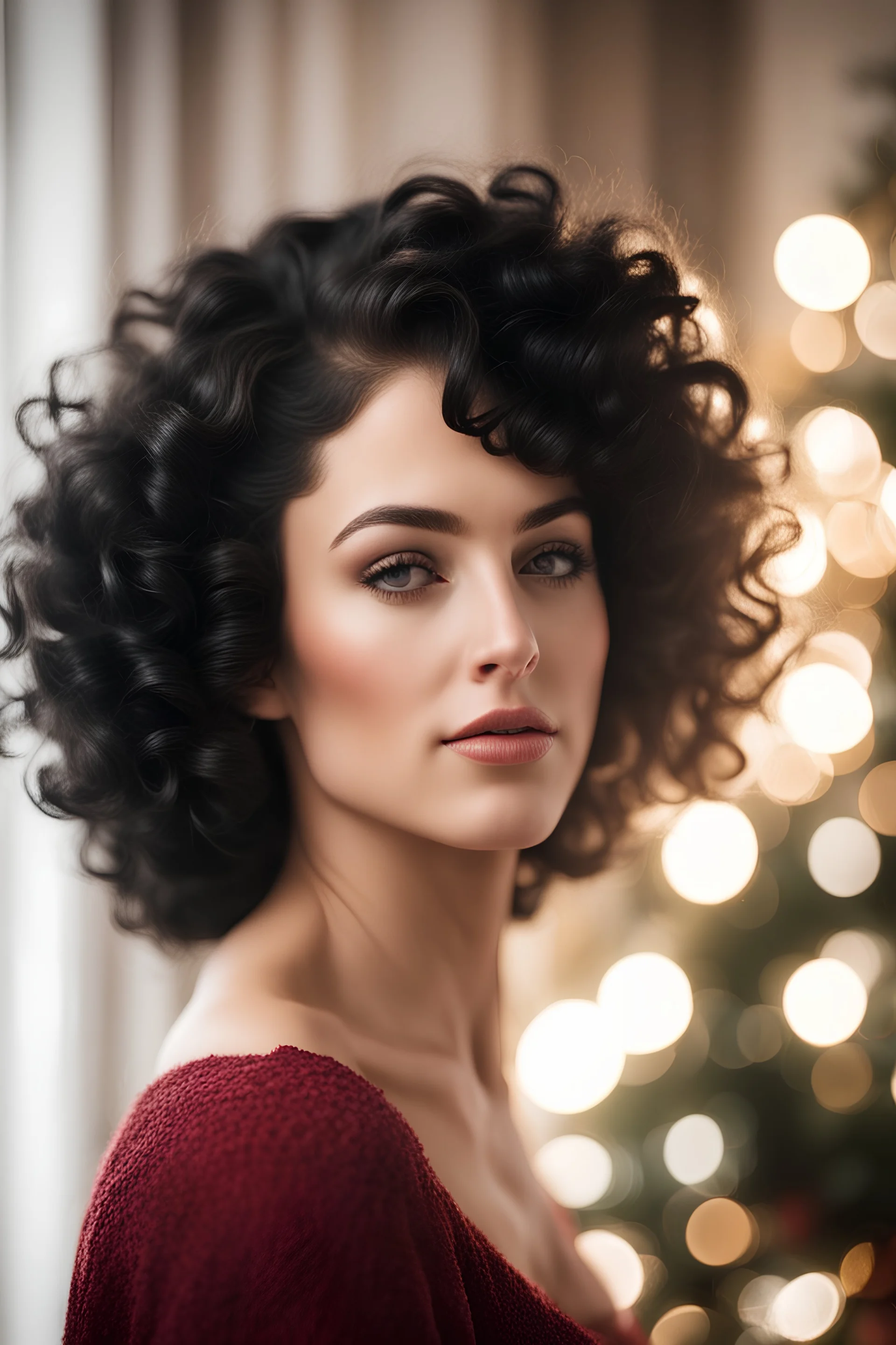 Christmas AT HOME, portrait, profile of beautiful woman with black curls, tufted hair, blurred background, backlight