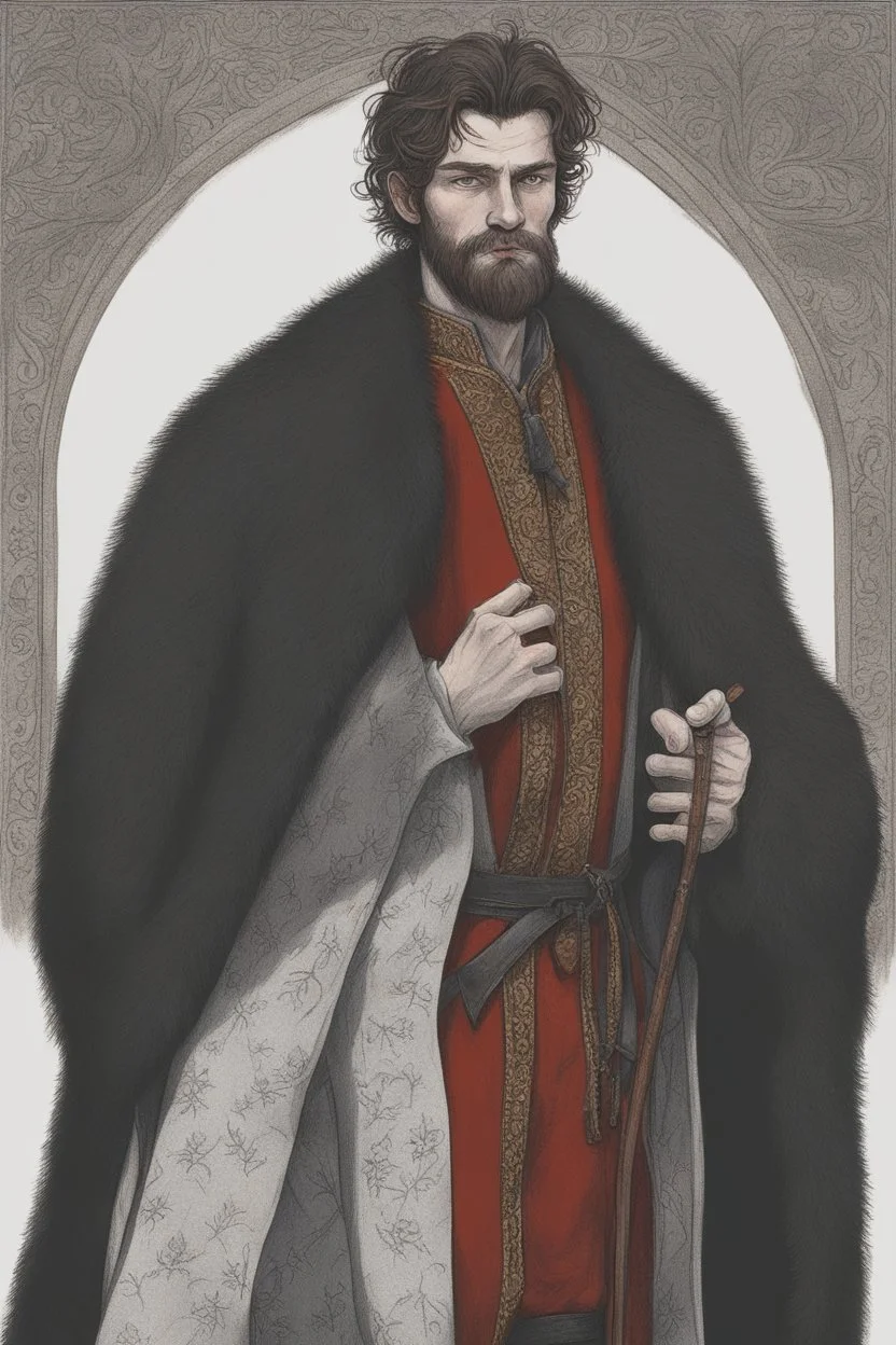 man, age 20, medieval, fighter, russian, croocked nose, czar, rich, simple clothes, short messy hair, thick beard, oligarch, leather coat with fur, brocade clothes, pencil drawing, black or red hair, muscles