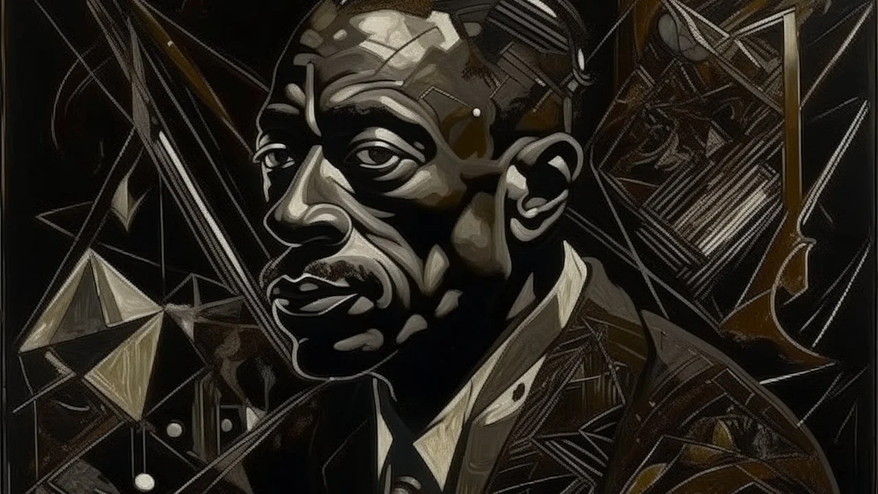 Henry Taylor (artist), crazy geometric abstract expressionism, detailed painting, 1930s Black Renaissance painting "on charcoal". Exciting, charcoal, Pablo Picasso, Baroque, high resolution, hyperrealism, splatter art, conceptual art, intricate details, depth of color, dramatic, side lighting, black background.