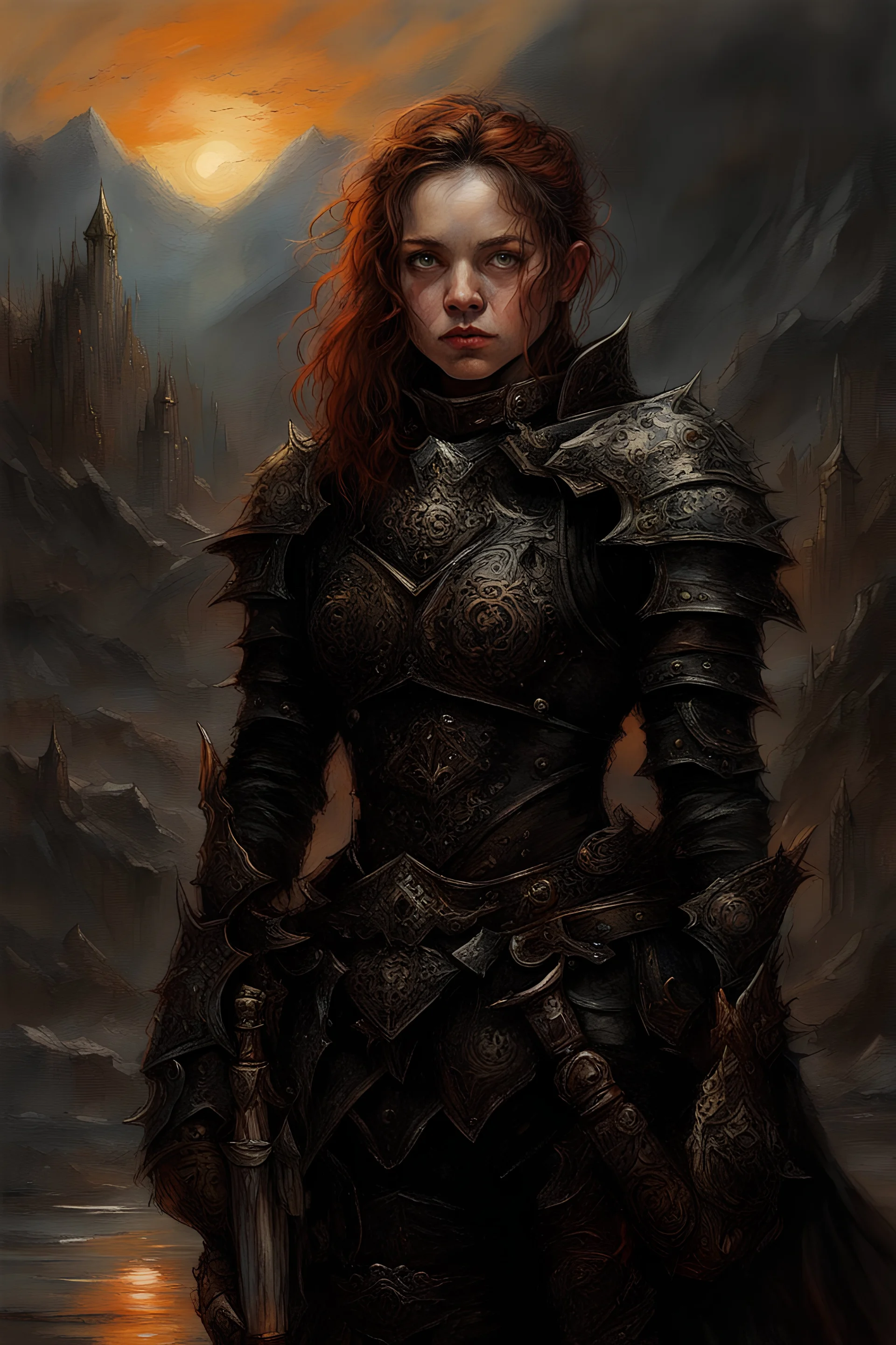 A formidable warrior girl in black armor, on the background Amazing gloomy landscape, flooded with sunset, mountains, trees, fabulous scary hero, , juicy emotions, painting, dark fantasy, gloomy day, dark world, portrait, Gothic Town At Night, Fantasy, Intricate Details, Castle Courtyard Gardens, Hyper Detailed, Jean Baptiste Monge, Carne Griffiths, Michael Garmash, Seb Mckinnon, Masterpiece