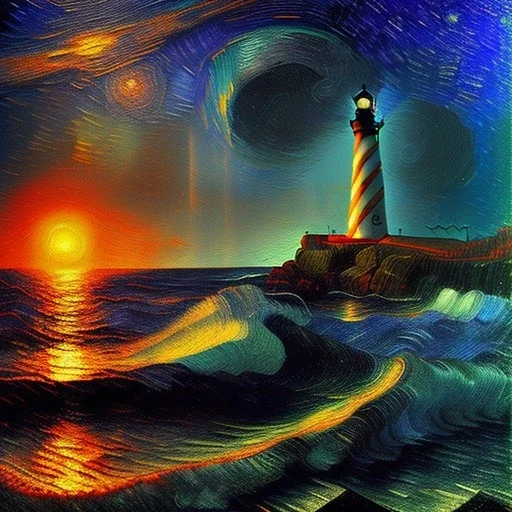 Fantasy, light house, Rocks, lighting, surreal, waves crashing below, 8k, sunset, sketch by Van Gogh in oil