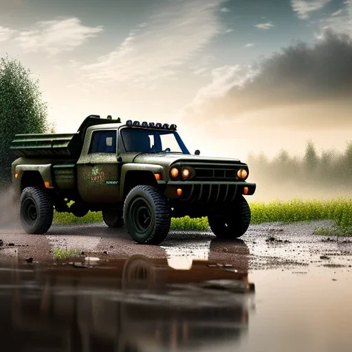 hyperrealistic shot, muddy military toy truck, monotone color palette, sharp focus, puddle reflection, tire water splash, refraction, mist on the horizon, shadowcast, detailed and intricate, cinematic composition, micro, tilt shift photography