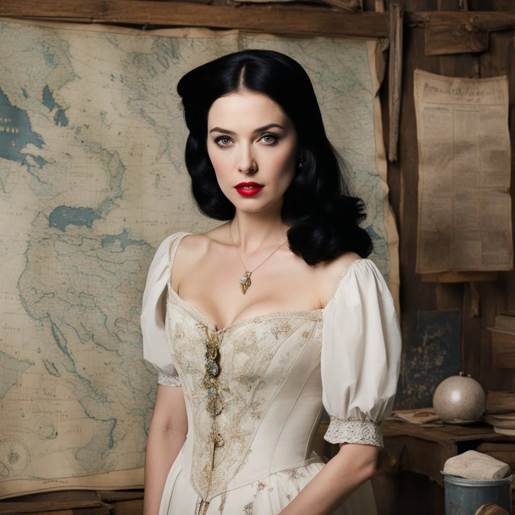 Snow White in flesh facing the camera, in her map room