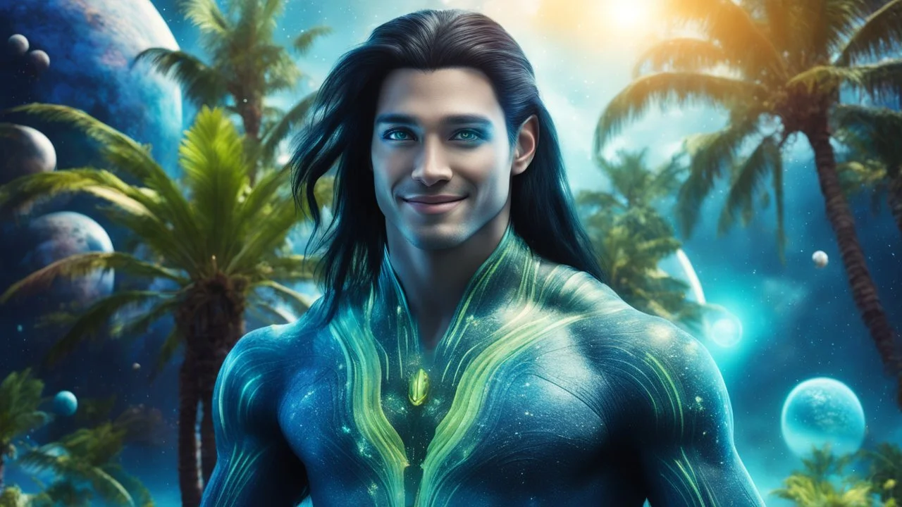 beautiful gorgeous young man na'vi with long hair, Avatar, blue skin, two small ears, green eyes, black hair, in cosmic suit, galactic ambiance, smiling, with spaceship and planets and palm trees and clear crystaline cosmic beach in background