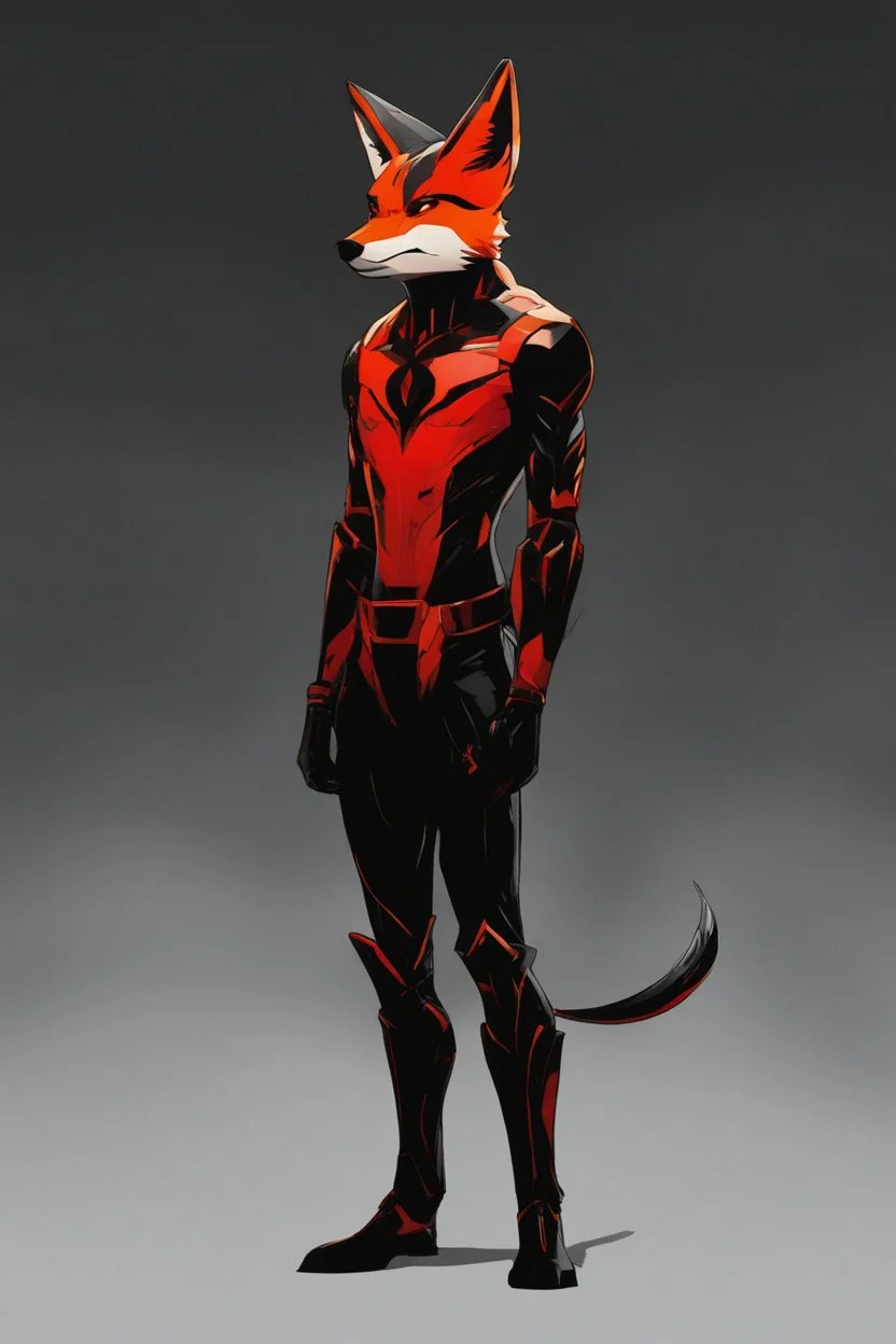 Foxman, comic style artwork, dark black, red and Orange, calm, full body