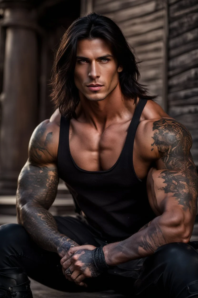 Handsome muscular male, Dark brown eyes, Long chocolate brown hair, bare chest covered in tattoos and scars. wearing black combat trousers and heavy boots, hyperrealistic, 4k, dark fantasy, large house in the background