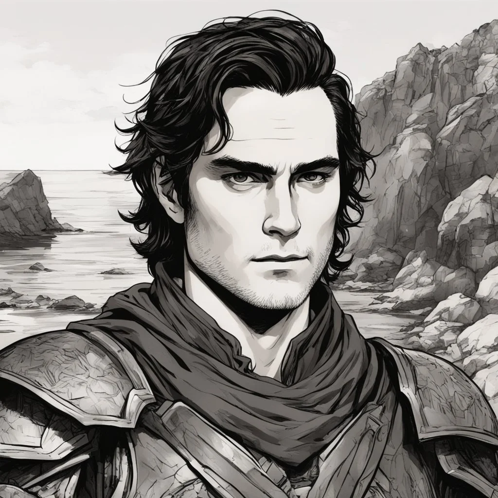 A portrait of Joaquin Phoenix in his early 30s, long beachy haircut, black hair, on a rocky island, in ebony armor from Skyrim, melancholic and dangerous facial expression, half-smiling, drawn in the style of ink manga sketch