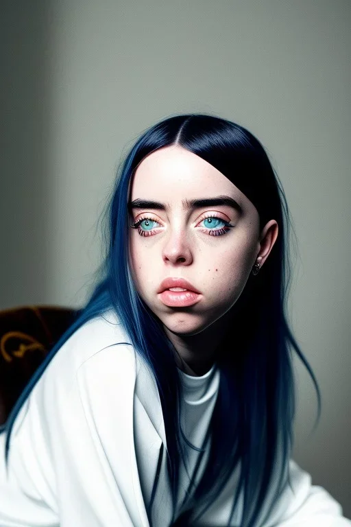 Billie Eilish, sitting on a chair, Black Short Dress, pale skin, high detail, realistic, 8k, not to be distinguished from a photo